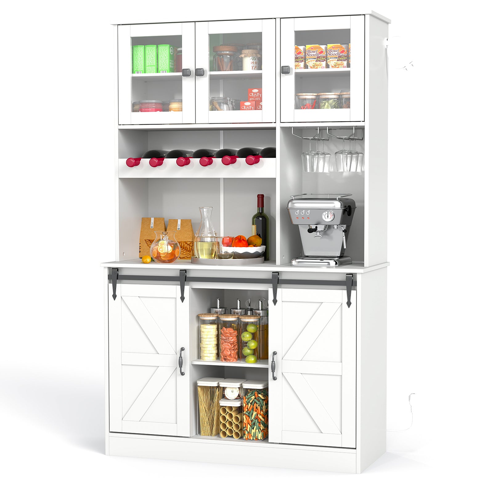 71" Kitchen Pantry Storage Cabinet with Charging Station, Farmhouse Coffee Bar Cabinet with Adjustable Shelves, Tall Hutch Cabinet with Microwave Stand & Wine Rack for Kitchen, Living Room