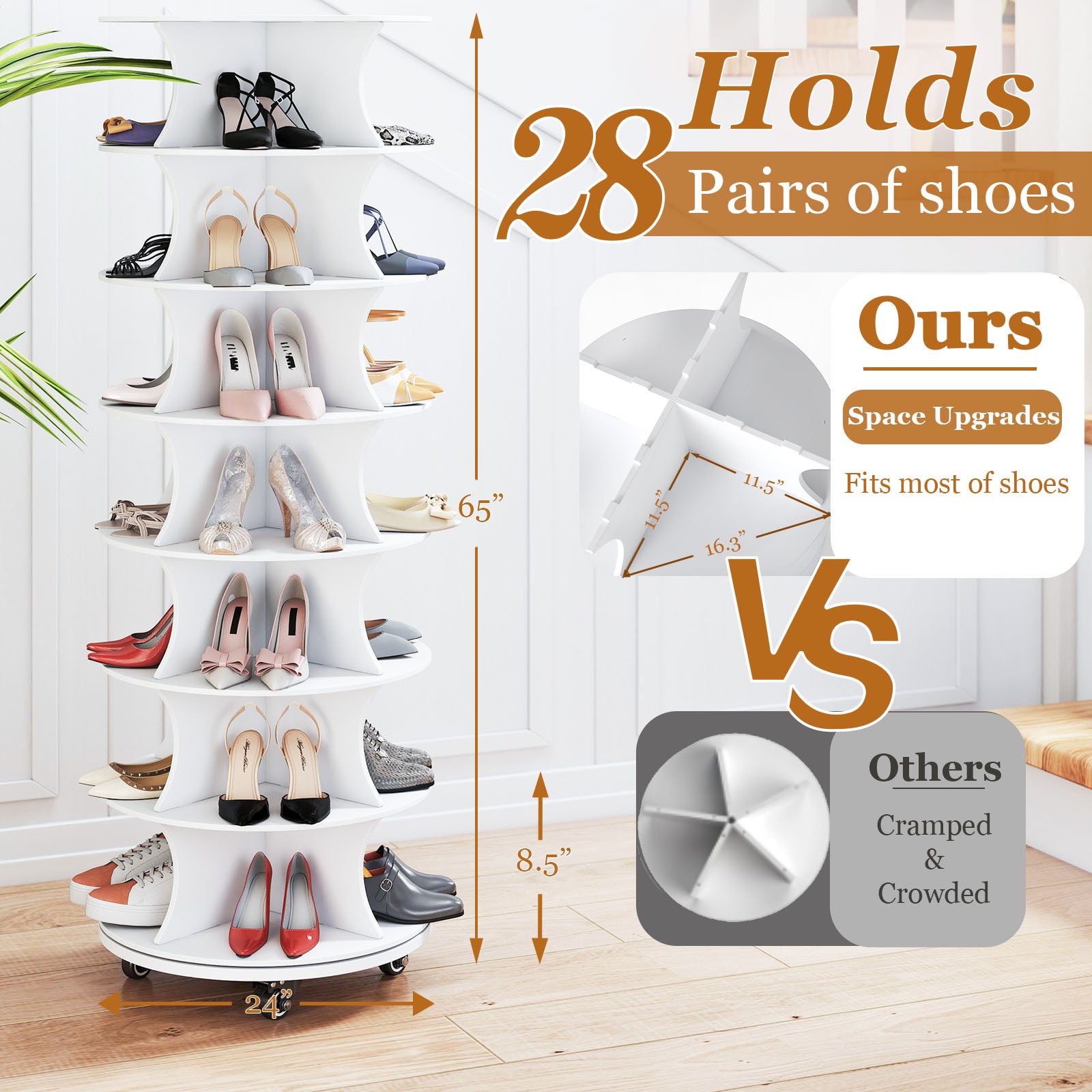Rotating Shoe Rack with Lockable Wheels,7-Tier Spinning Vertical Shoe Rack Tower Space-Saving Free Standing Shoe Carouse Stand Organizer for Entryway Living Room Hallway