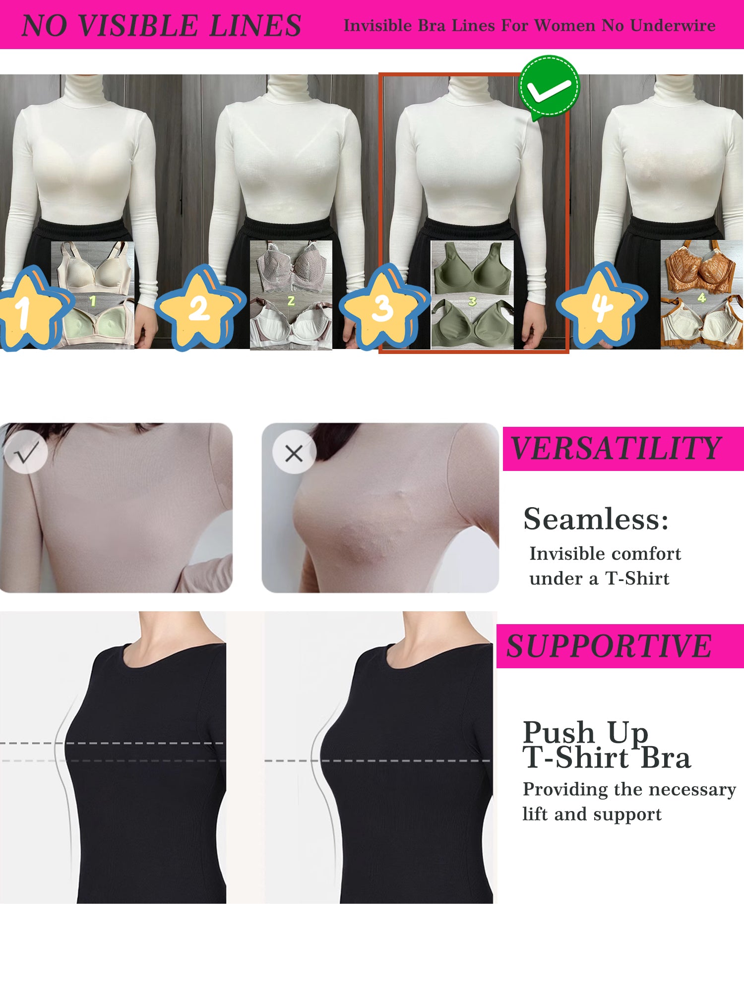 Seamless Bra Deep V Bras for Women No Underwire Wire Free Comfort Wireless Plunge T Shirt Bra Softly Padded with Extender