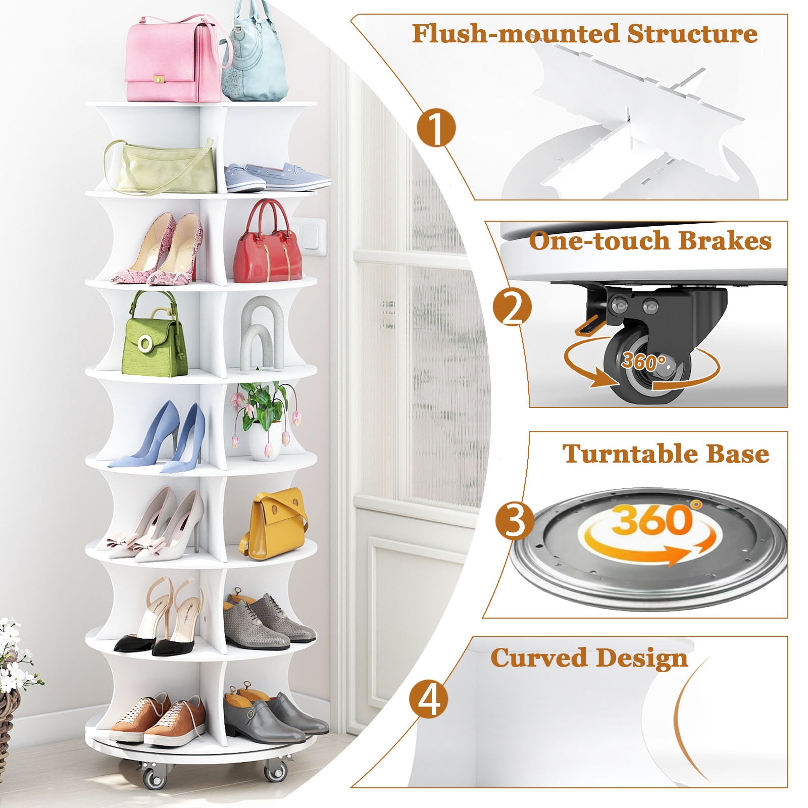 Rotating Shoe Rack with Lockable Wheels,7-Tier Spinning Vertical Shoe Rack Tower Space-Saving Free Standing Shoe Carouse Stand Organizer for Entryway Living Room Hallway
