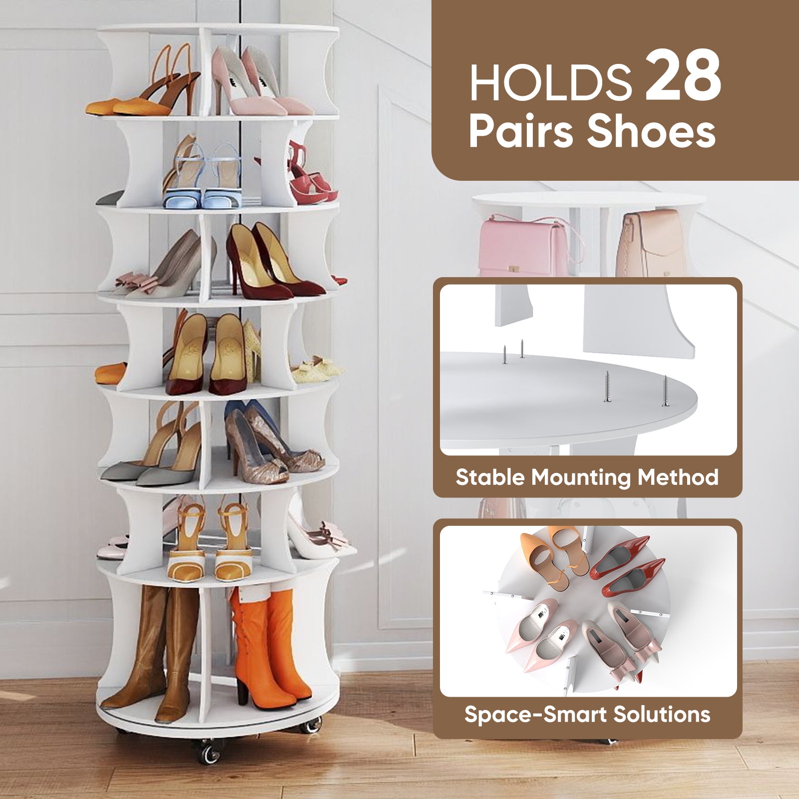 71" Rotating Shoe Rack, 7-Tier Spinning Vertical Shoe Tower with with Lockable Wheels Space-Saving Free Standing Shoe Carouse Organizer with Under-seat Boot Storage for Closet Entryway Bedroom