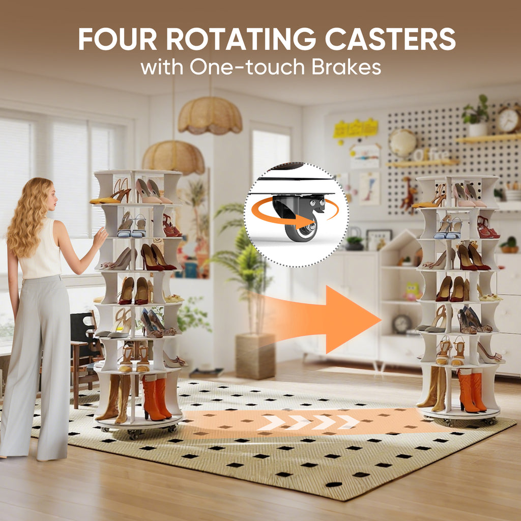 71" Rotating Shoe Rack, 7-Tier Spinning Vertical Shoe Tower with with Lockable Wheels Space-Saving Free Standing Shoe Carouse Organizer with Under-seat Boot Storage for Closet Entryway Bedroom