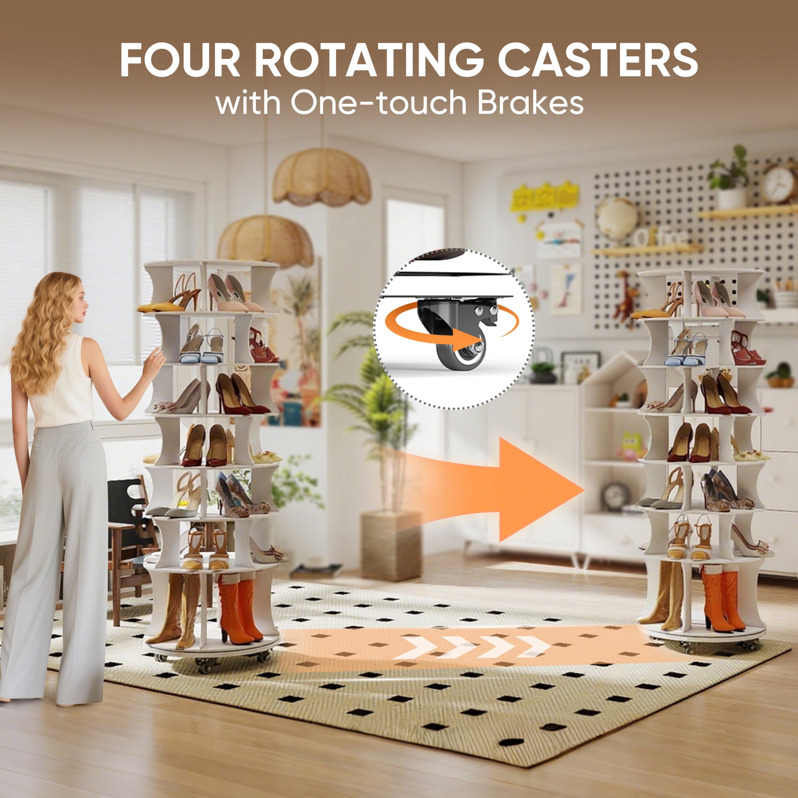 71" Rotating Shoe Rack, 7-Tier Spinning Vertical Shoe Tower with with Lockable Wheels Space-Saving Free Standing Shoe Carouse Organizer with Under-seat Boot Storage for Closet Entryway Bedroom