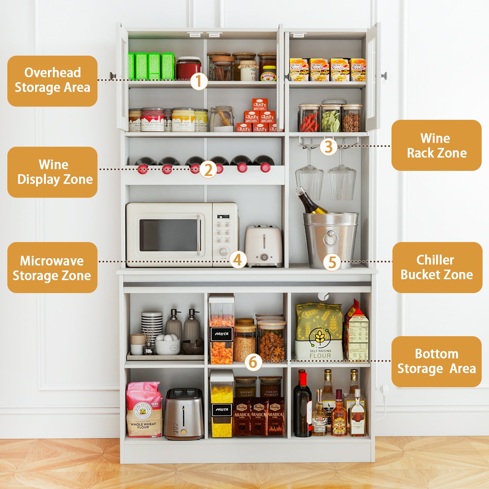 71" Kitchen Pantry Storage Cabinet with Charging Station, Farmhouse Coffee Bar Cabinet with Adjustable Shelves, Tall Hutch Cabinet with Microwave Stand & Wine Rack for Kitchen, Living Room