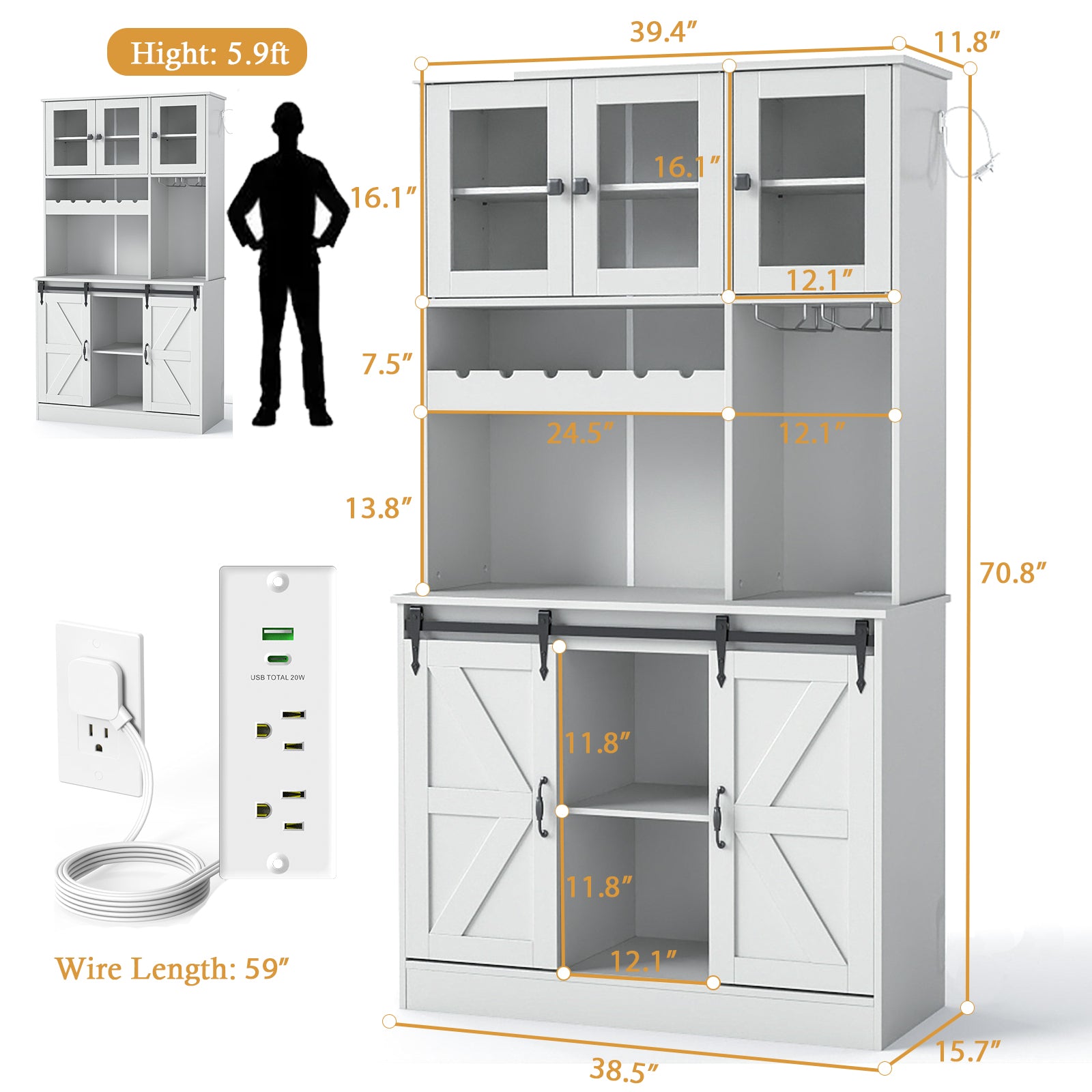 71" Kitchen Pantry Storage Cabinet with Charging Station, Farmhouse Coffee Bar Cabinet with Adjustable Shelves, Tall Hutch Cabinet with Microwave Stand & Wine Rack for Kitchen, Living Room