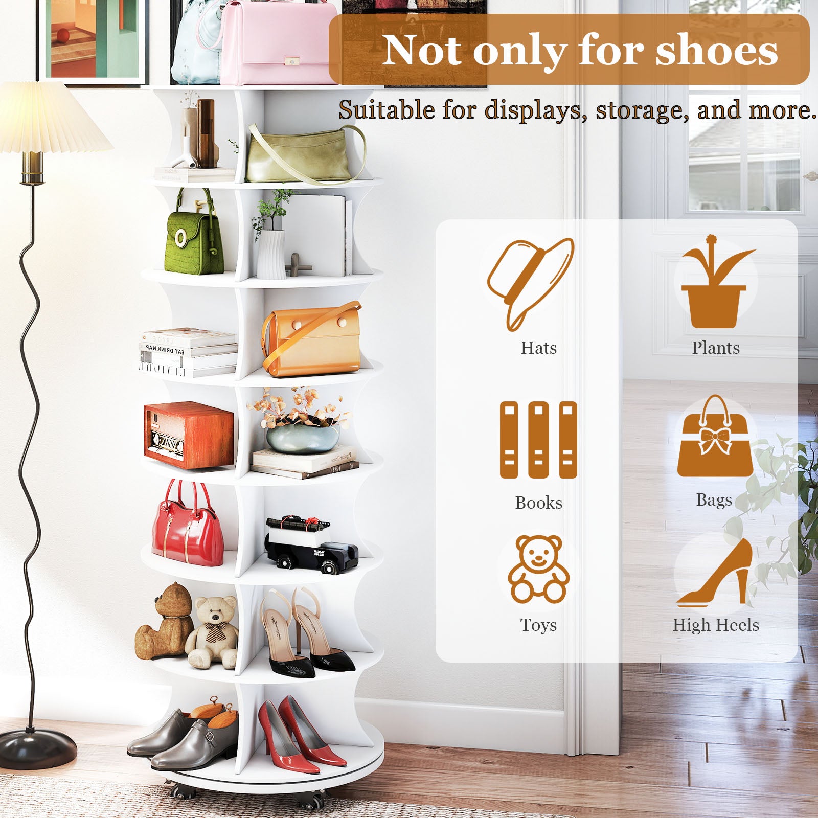 Rotating Shoe Rack with Lockable Wheels,7-Tier Spinning Vertical Shoe Rack Tower Space-Saving Free Standing Shoe Carouse Stand Organizer for Entryway Living Room Hallway