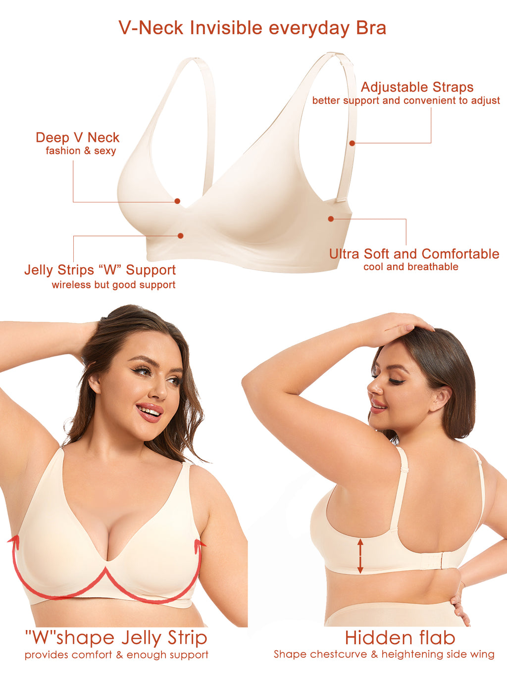 Seamless Bra Deep V Bras for Women No Underwire Wire Free Comfort Wireless Plunge T Shirt Bra Softly Padded with Extender