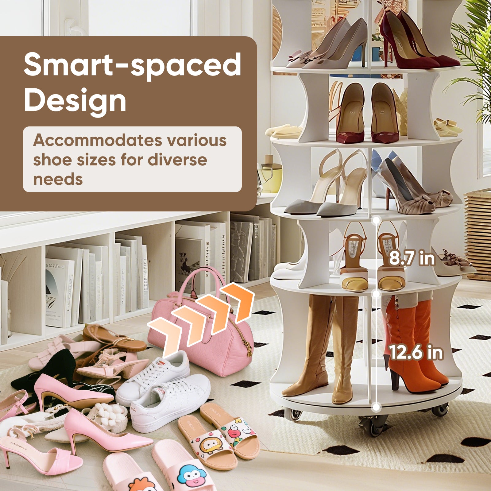 71" Rotating Shoe Rack, 7-Tier Spinning Vertical Shoe Tower with with Lockable Wheels Space-Saving Free Standing Shoe Carouse Organizer with Under-seat Boot Storage for Closet Entryway Bedroom