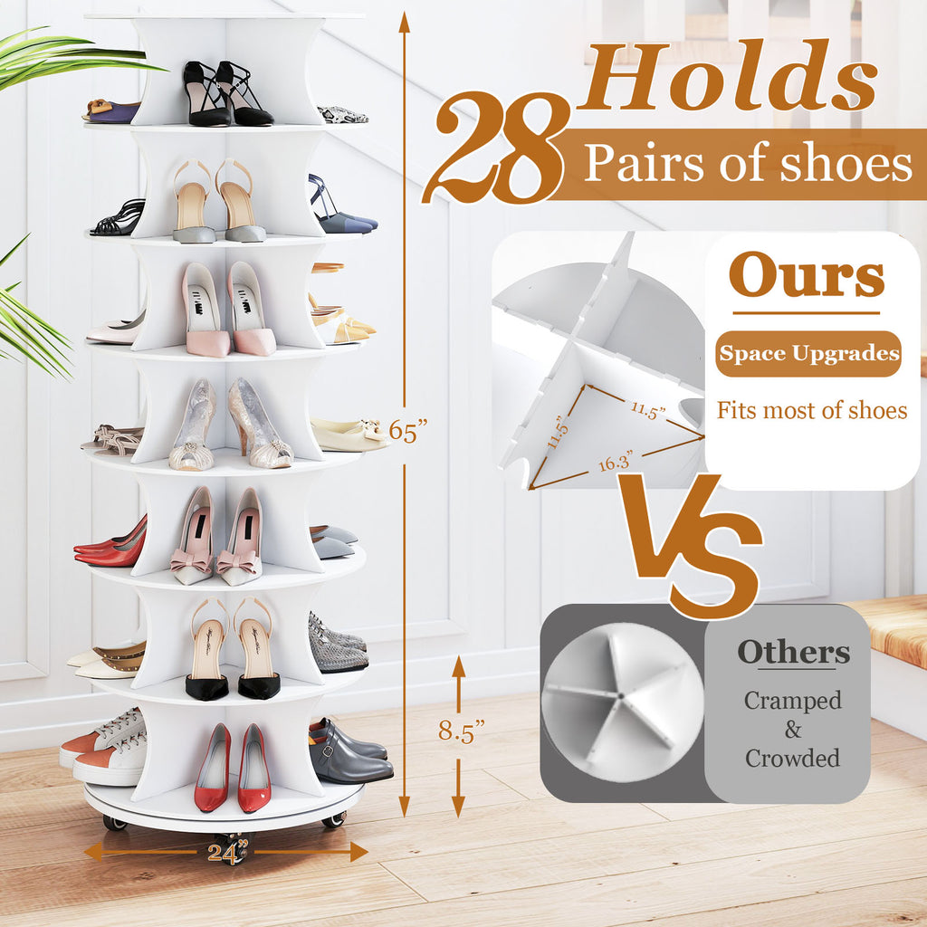 Rotating Shoe Rack with Lockable Wheels,7-Tier Spinning Vertical Shoe Rack Tower Space-Saving Free Standing Shoe Carouse Stand Organizer for Entryway Living Room Hallway