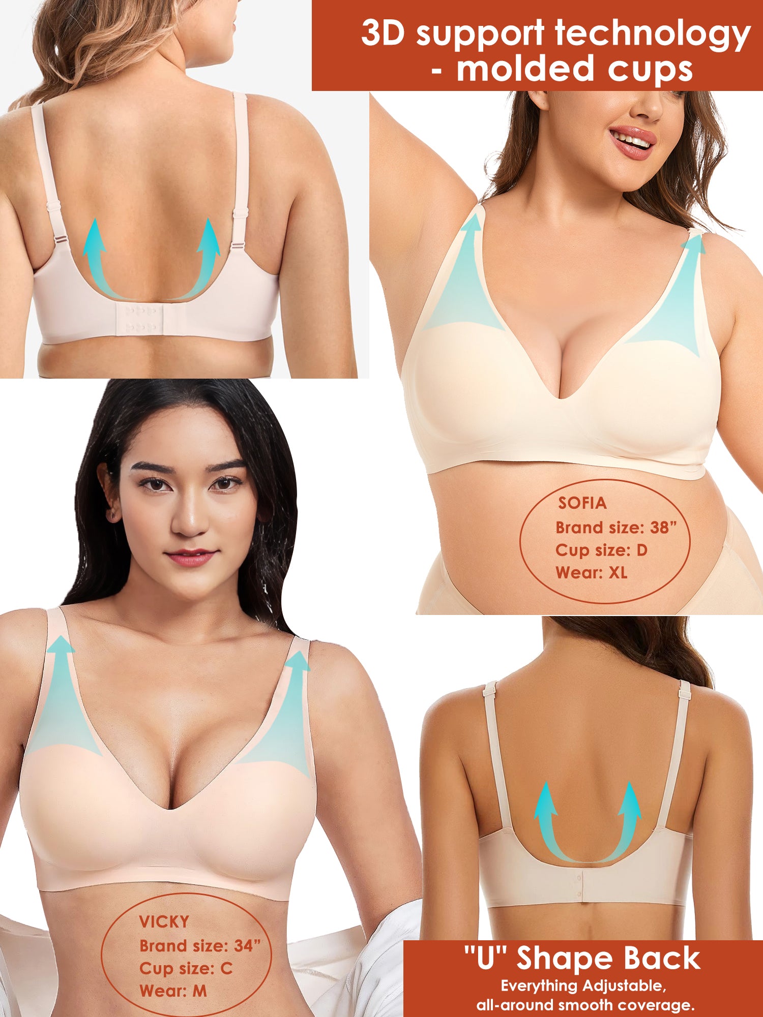 Seamless Bra Deep V Bras for Women No Underwire Wire Free Comfort Wireless Plunge T Shirt Bra Softly Padded with Extender