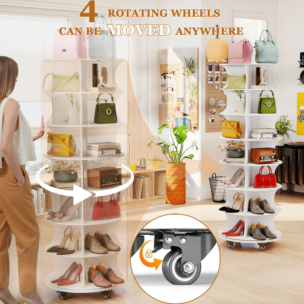 Rotating Shoe Rack with Lockable Wheels,7-Tier Spinning Vertical Shoe Rack Tower Space-Saving Free Standing Shoe Carouse Stand Organizer for Entryway Living Room Hallway