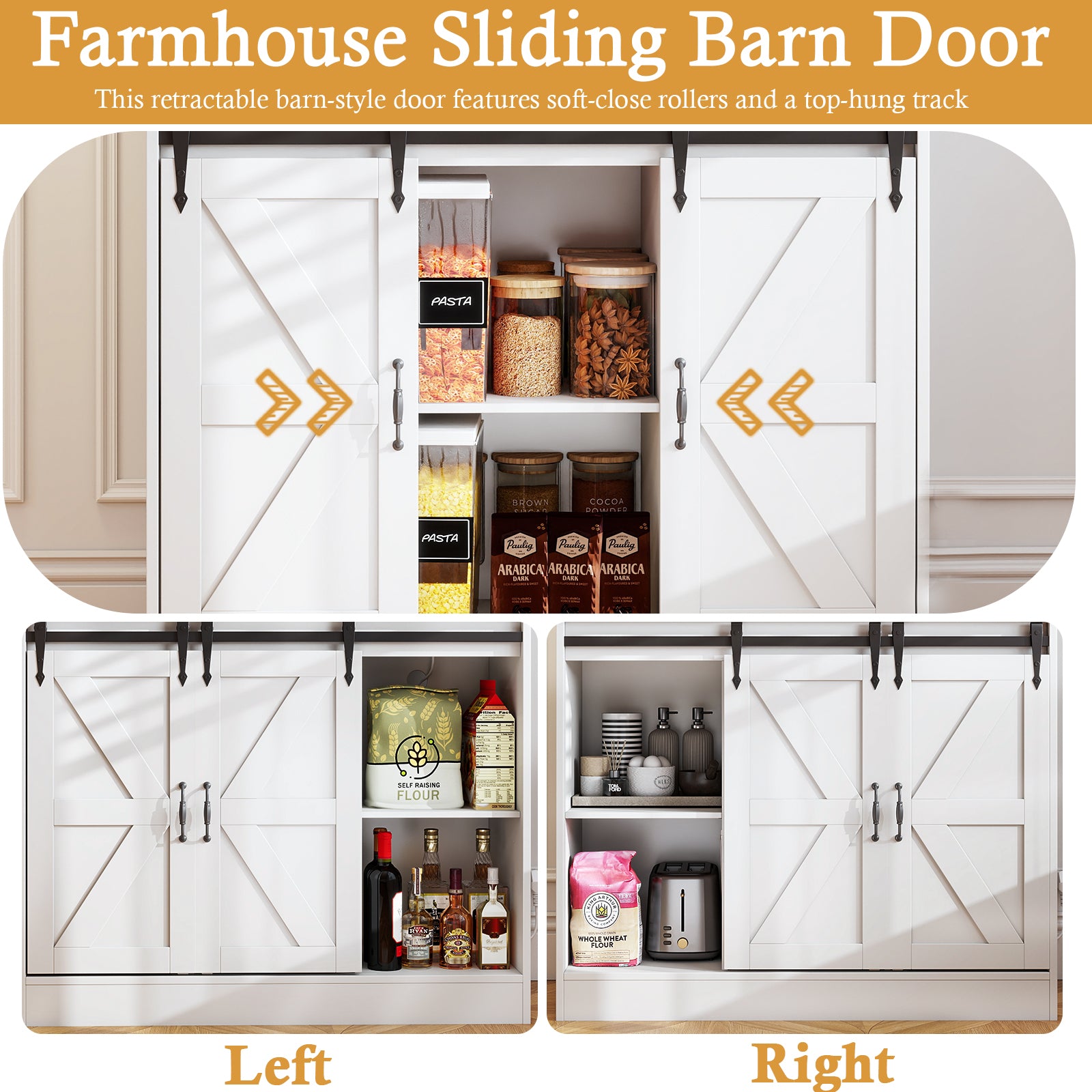 71" Kitchen Pantry Storage Cabinet with Charging Station, Farmhouse Coffee Bar Cabinet with Adjustable Shelves, Tall Hutch Cabinet with Microwave Stand & Wine Rack for Kitchen, Living Room