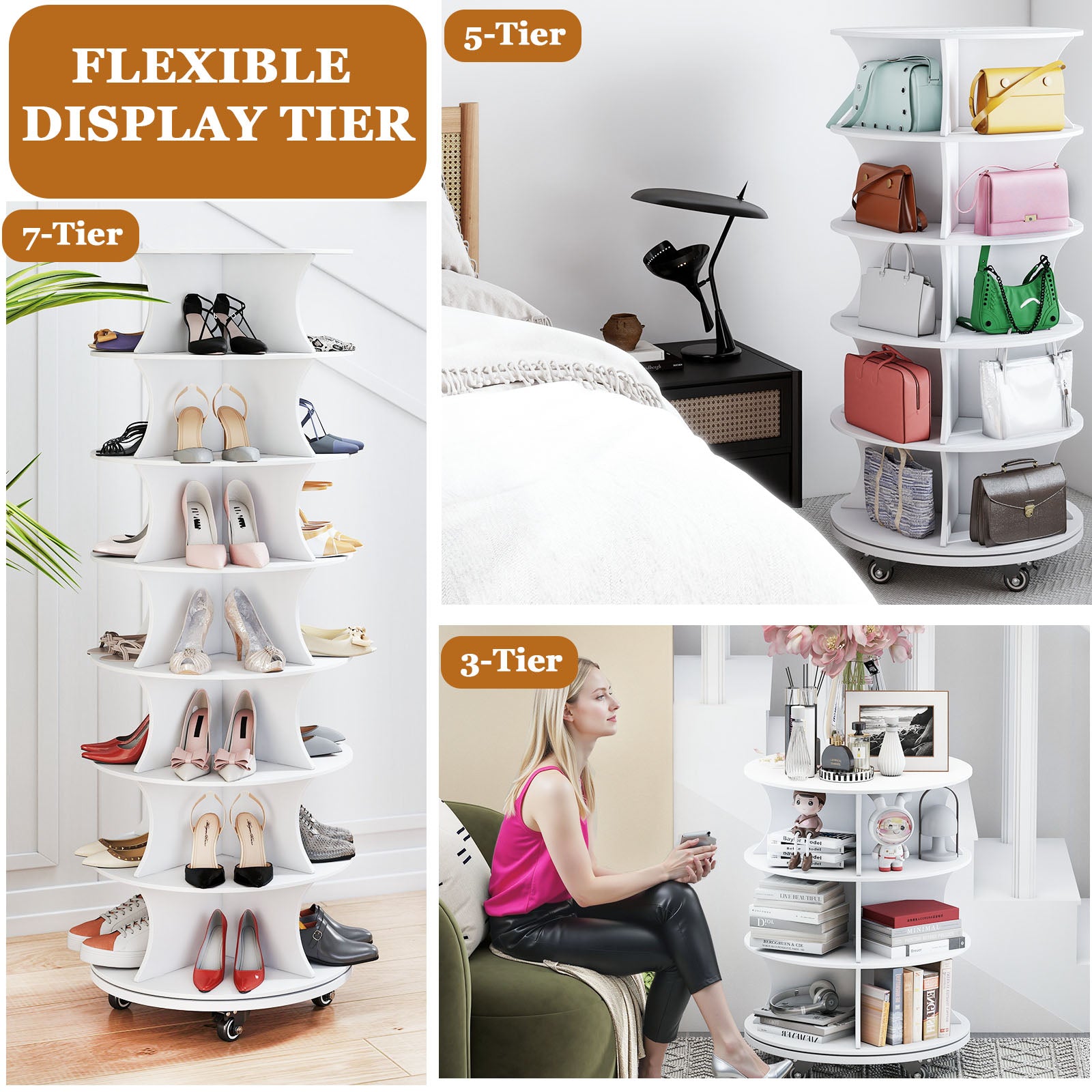 Rotating Shoe Rack with Lockable Wheels,7-Tier Spinning Vertical Shoe Rack Tower Space-Saving Free Standing Shoe Carouse Stand Organizer for Entryway Living Room Hallway