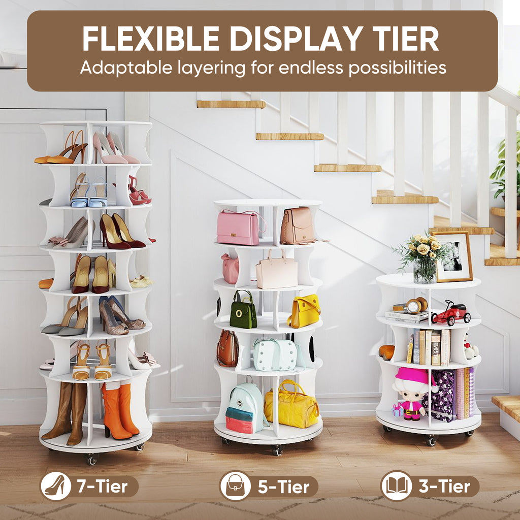 71" Rotating Shoe Rack, 7-Tier Spinning Vertical Shoe Tower with with Lockable Wheels Space-Saving Free Standing Shoe Carouse Organizer with Under-seat Boot Storage for Closet Entryway Bedroom