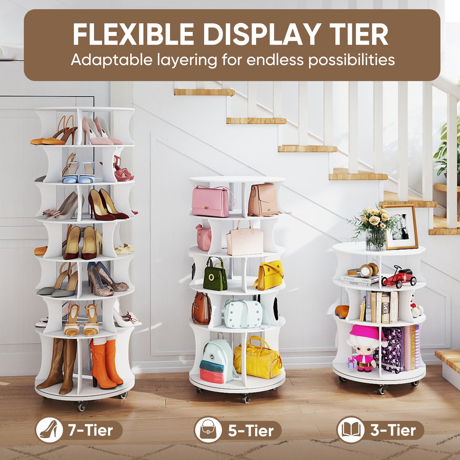 71" Rotating Shoe Rack, 7-Tier Spinning Vertical Shoe Tower with with Lockable Wheels Space-Saving Free Standing Shoe Carouse Organizer with Under-seat Boot Storage for Closet Entryway Bedroom